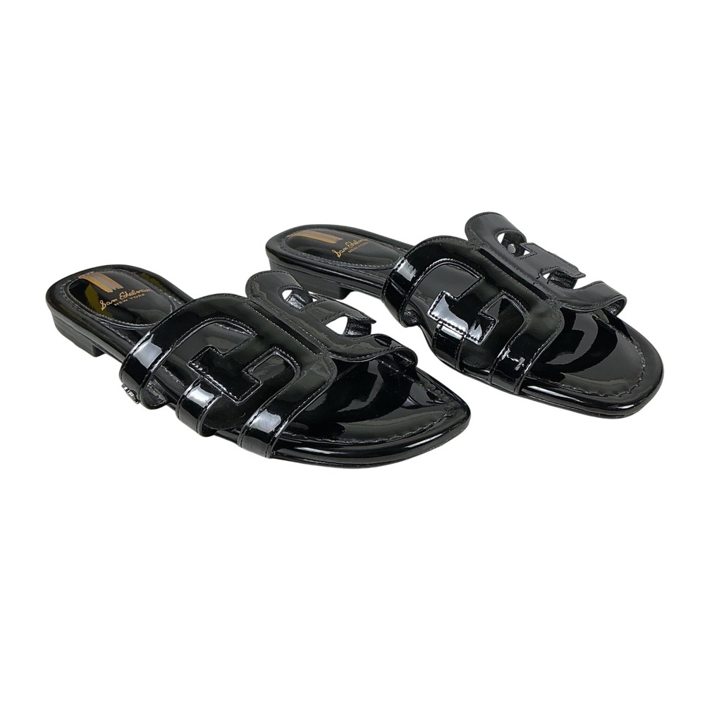 Sam Edelman Bay Black Patent Leather Cutout Logo Slide Sandals Flat Womens 9.5